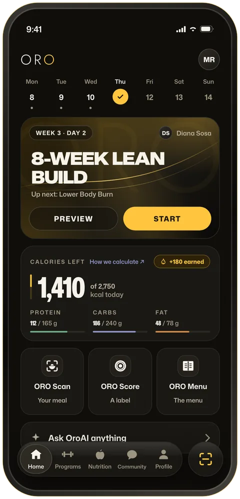 ORO Home screen with today's program, calories left and the three scanners.