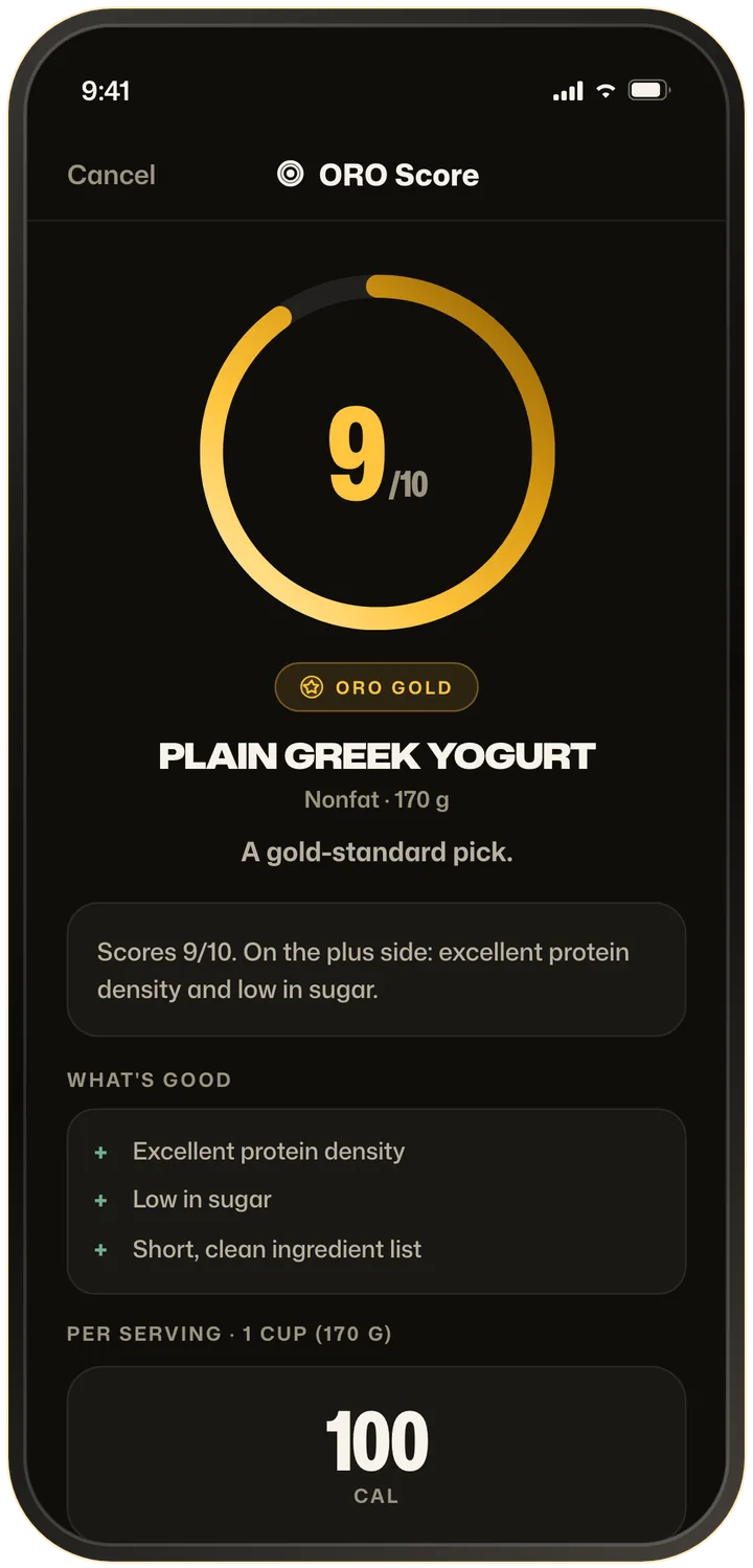 ORO Score sheet grading Plain Greek Yogurt 9 out of 10 with an ORO Gold tier badge, what is good about it, and the per-serving nutrition.