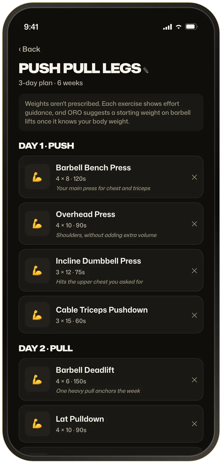 AI workout builder result: a Push Pull Legs 3-day plan listing each exercise and why it was picked, with Build it again and Save program buttons.