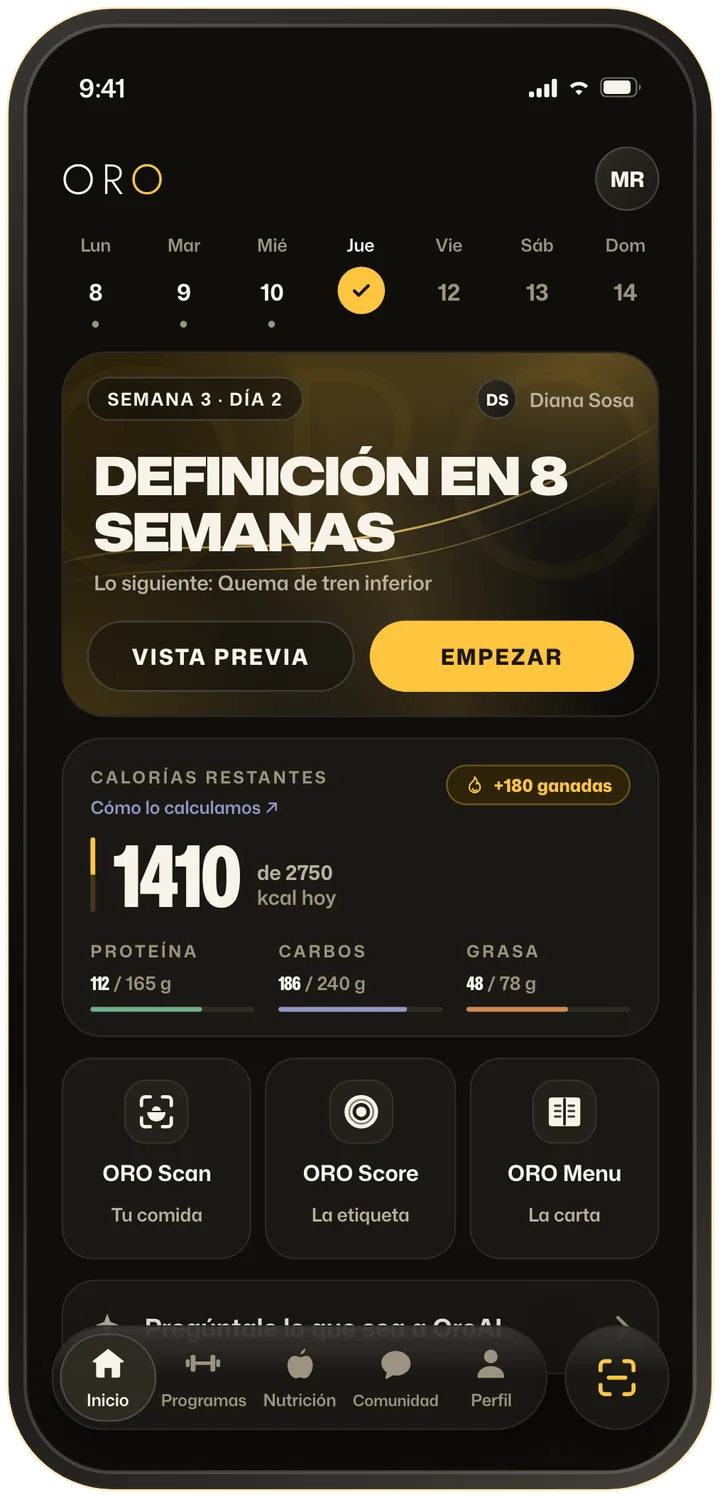 La pantalla de Inicio de un cliente en ORO con el programa Definición en 8 semanas de su coach arriba, las calorías que le quedan hoy y los accesos a ORO Scan, ORO Score y ORO Menu.