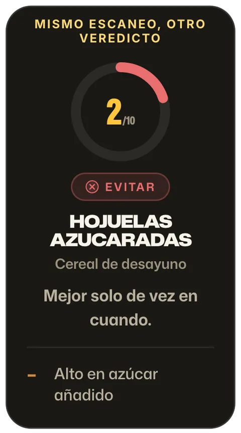 Un segundo resultado de ORO Score: Hojuelas Azucaradas con 2 de 10, marcadas como Evitar por alto azúcar añadido.