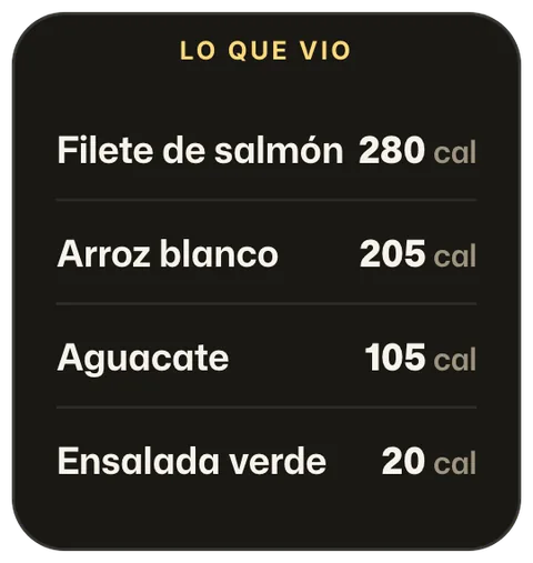 Lo que vio ORO Scan: filete de salmón, arroz blanco, aguacate y ensalada verde, con las calorías de cada uno.