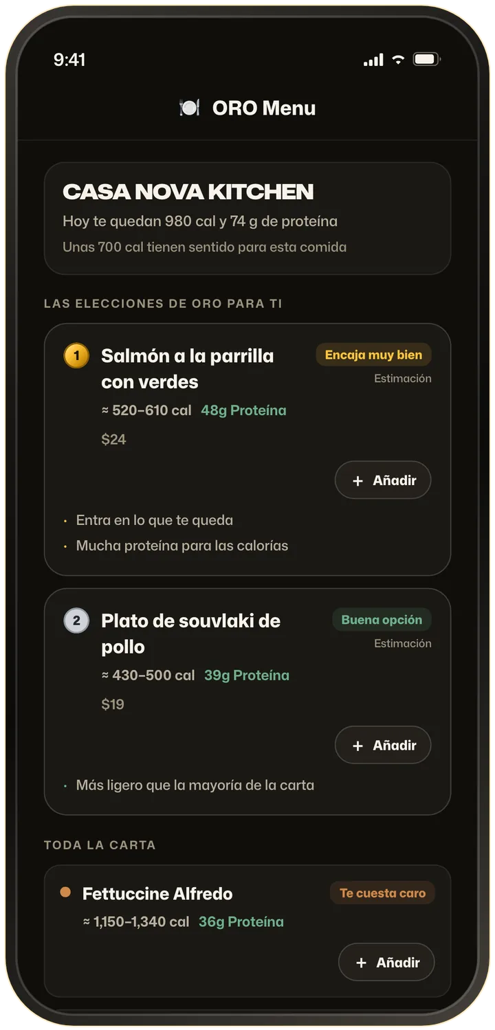 Pantalla de ORO Menu que ordena los platillos de una carta fotografiada según las calorías y la proteína que quedan hoy, con los que mejor encajan arriba.