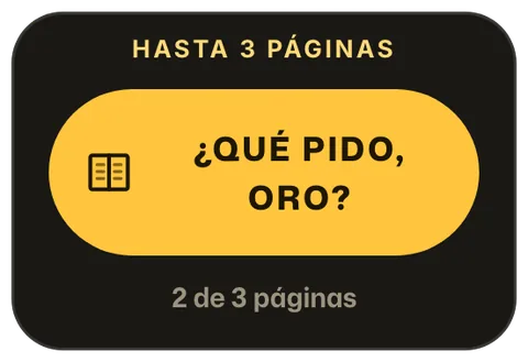 Tarjeta de ORO Menu con el botón ¿Qué pido, Oro? y 2 de 3 páginas de la carta agregadas.