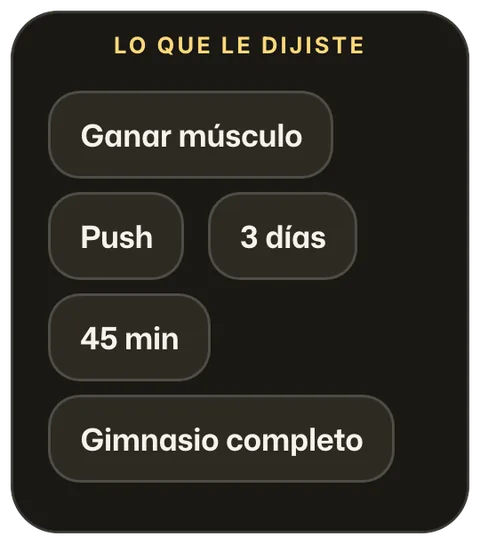 Lo que le dijiste al creador de entrenamientos: ganar músculo, división push, 3 días, 45 minutos, gimnasio completo.
