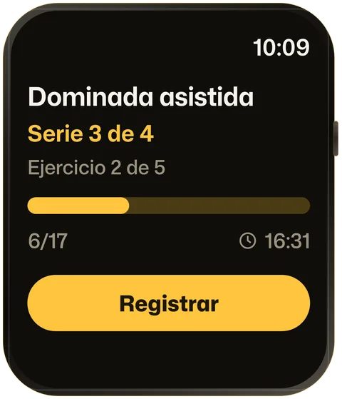 ORO en Apple Watch a media sesión: Dominada asistida, serie 3 de 4, con un botón dorado para registrar.