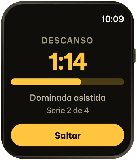 Temporizador de descanso de ORO en Apple Watch entre series, con la siguiente serie nombrada y un botón para saltar el descanso.