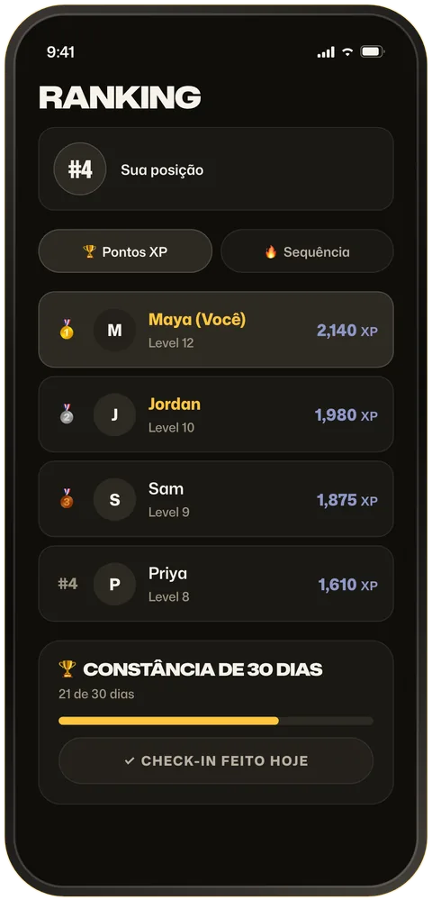Ranking da comunidade classificando os membros por XP ou sequência, com o desafio Constância de 30 dias.