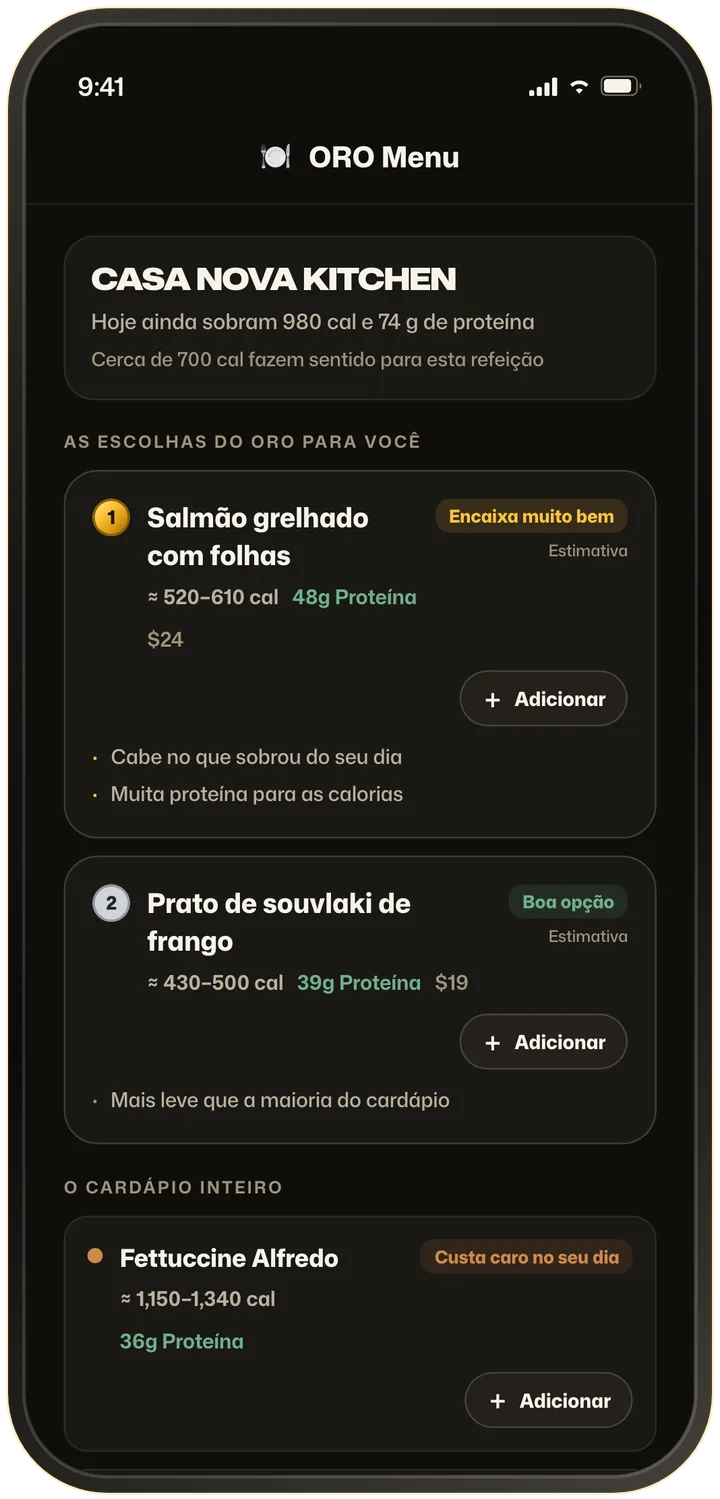 Tela do ORO Menu ranqueando os pratos de um cardápio fotografado pelas calorias e pela proteína que sobraram do dia, com os que encaixam melhor em cima.