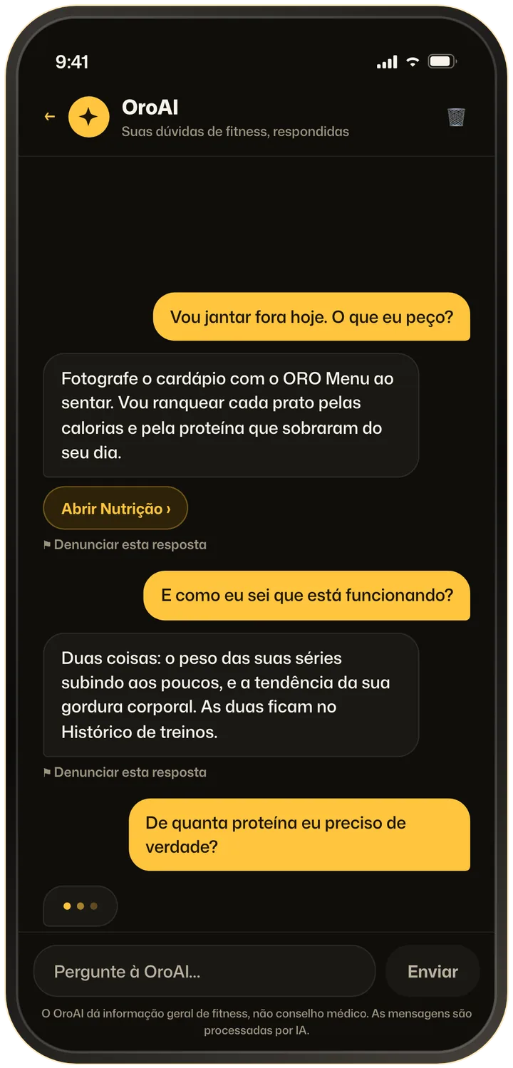 Chat do OroAI respondendo o que pedir ao comer fora e como saber se o treino está funcionando, com um atalho que abre a tela Nutrição.