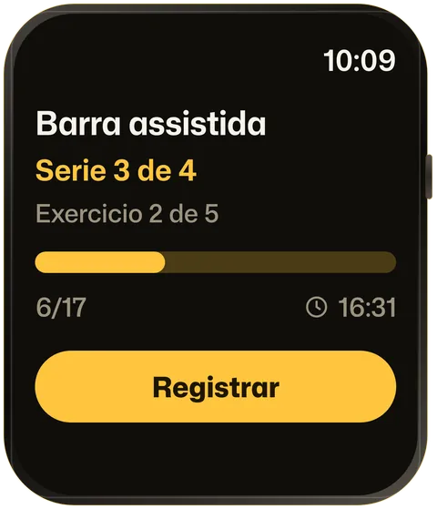 O ORO no Apple Watch durante o treino: Barra assistida, série 3 de 4, com o botão dourado Registrar.