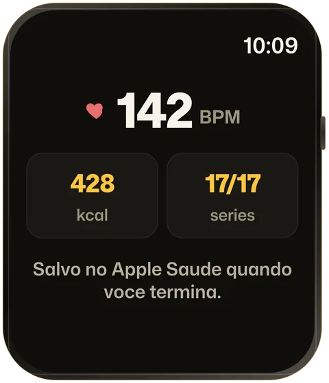 Resumo do treino do ORO no Apple Watch com frequência cardíaca, calorias e séries, salvo no Apple Health.